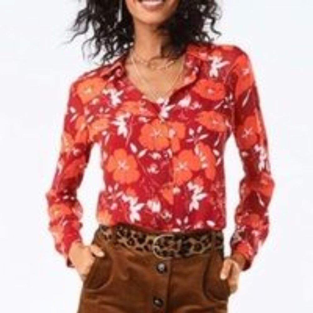 CAbi #3766 Hothouse Button Down Semi Sheer Blouse Red + Orange Floral